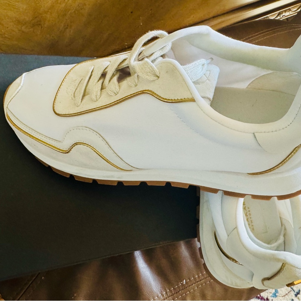 Donna Karan White Sneakers with Gold Trim